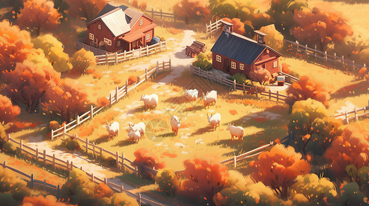 秋天美丽的卡通小房子农场图片