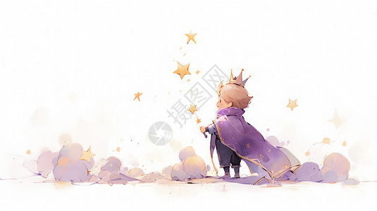 威廉王子头戴皇冠围着紫色斗篷的可爱卡通小王子插画
