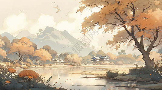 卡通河岸秋天黄黄的树叶与湖泊唯美卡通风景插画