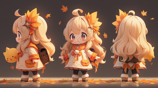 秋天装扮头戴黄色枫叶长发可爱的卡通女孩三视图背景图片