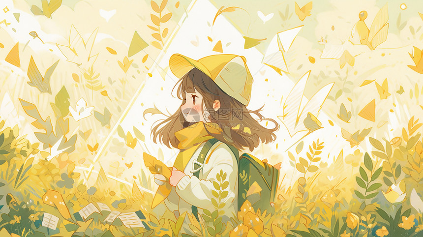 戴着黄色帽子背书包站在植物中间的卡通女孩图片