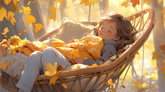 秋天午后躺在椅子上睡着的可爱卡通女孩图片