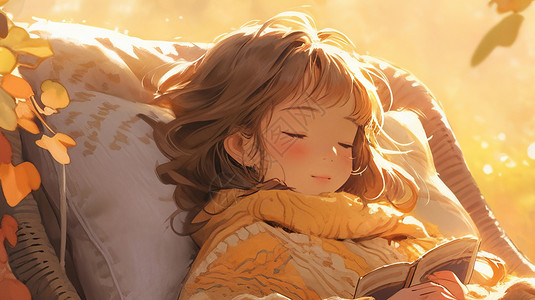 躺在沙发上看书的女孩秋天穿黄色毛衣躺在椅子上睡觉的可爱卡通女孩插画