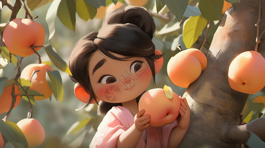 在树上抱着水果的古风卡通女孩背景图片
