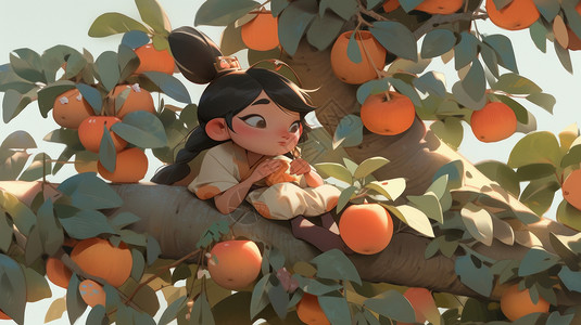 秋天趴在树上摘水果的古风卡通女孩背景图片