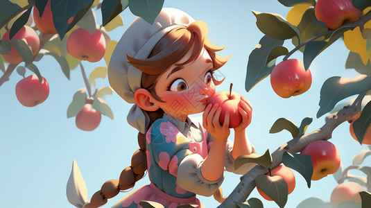 树上的苹果在树上抱着苹果可爱的卡通女孩插画
