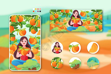 运营插画卖水果的女孩背景图片