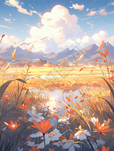 秋天荷塘旁开满野花卡通风景背景图片