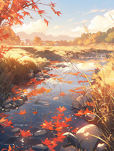 秋天红红的卡通枫叶落满小溪背景图片