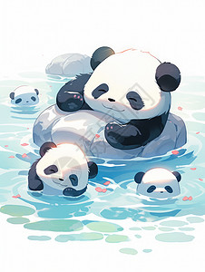 可爱的卡通大熊猫们在河塘里游泳背景图片