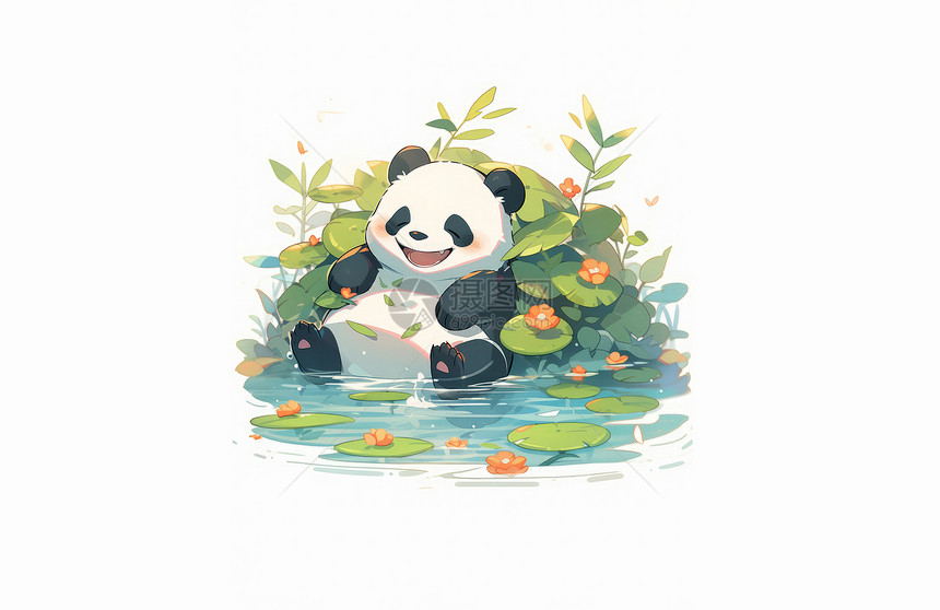 坐在河塘边玩水嬉戏的卡通大熊猫图片