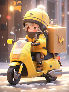 雪摩托在雪中骑黄色摩托车送餐的卡通人物插画
