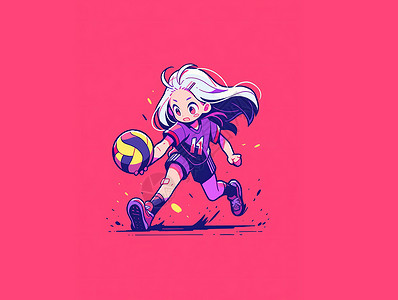 打排球的女孩穿紫色运动套装打排球的长发卡通女孩插画