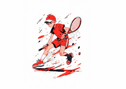 打网球男孩拿着网球拍穿运动装的卡通男孩插画