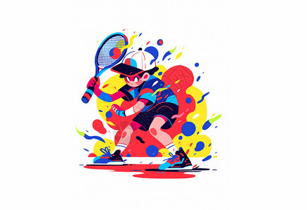 炫彩运动拿着网球拍打网球炫彩的卡通人物插画
