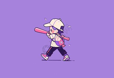 打棒球男孩卡通扛着粉色棒球棒的卡通男孩插画