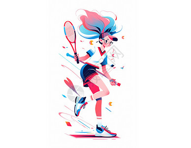 打网球女孩时尚运动的卡通女孩插画