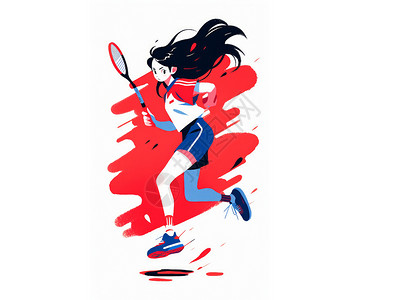 打网球女孩奔跑打羽毛球时尚长发卡通女孩插画