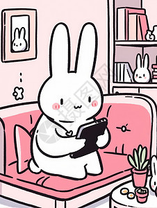 可爱的卡通小白兔坐在粉色沙发上看手机图片