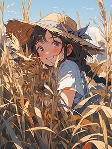 秋天在田地里戴草帽的卡通女孩图片