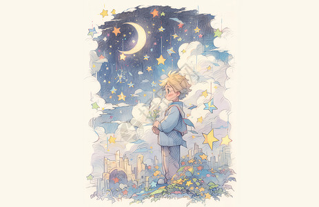 卡通男孩梦幻星星与月亮背景图片