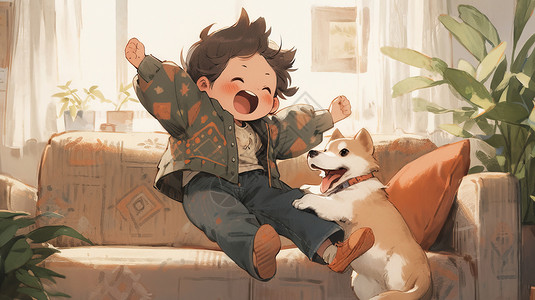 开心跳起来在客厅看电视的卡通小男孩与宠物狗一起跳起来插画