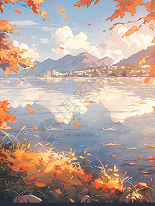 村落的叶子秋天美丽的卡通山水风景插画