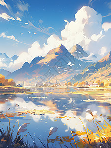 秋天美丽的卡通村庄野外风景背景图片