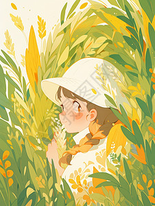 初秋在麦子地中可爱的卡通小女孩图片