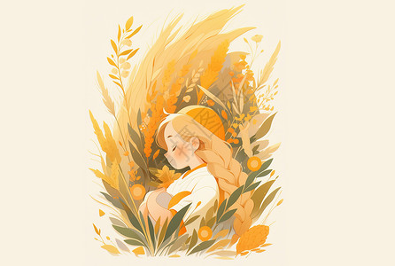在金黄色的秋天一个漂亮可爱的卡通小女孩图片