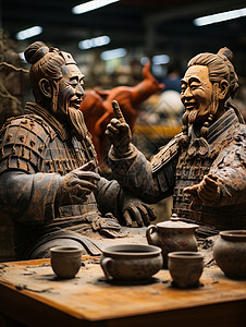泥人面塑仿文物坐着喝茶的士兵雕塑插画