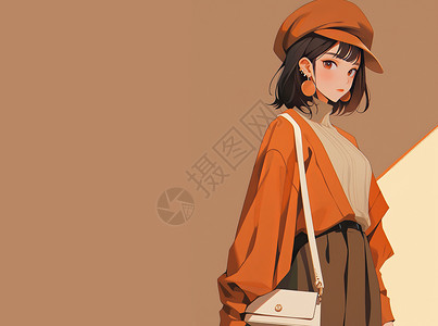 穿橙色复古衣服的时尚卡通女孩背景图片
