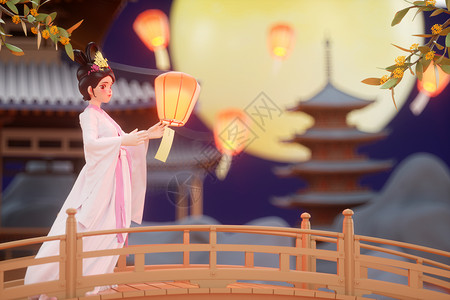 白色古风服装3d中秋节放孔明灯嫦娥场景设计图片