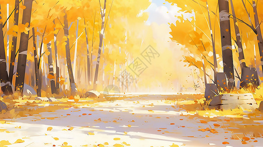 秋季的小树林秋天树林小路风景插画
