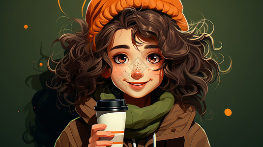 戴着毛线帽喝奶茶开心笑的卡通女孩背景图片