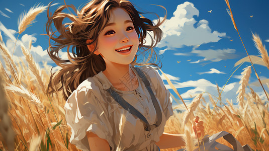 小麦肤色长发小清新卡通女孩在金黄色麦子地里开心笑插画