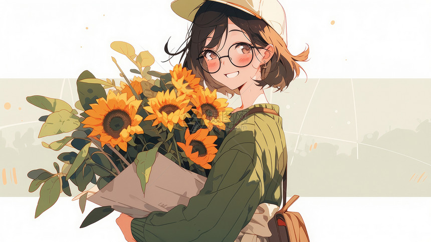 戴黑色眼镜抱着向日葵花束开心笑的卡通女老师图片