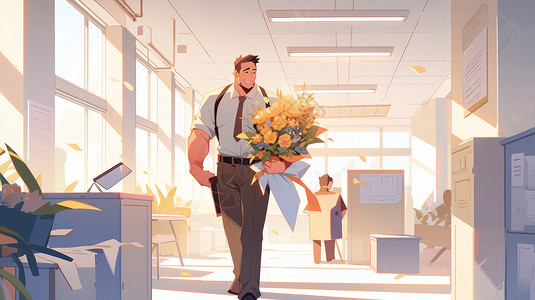 拿着花束走在的卡通男老师背景图片