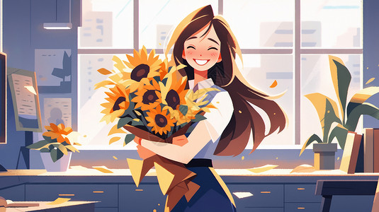 老师女站在窗前抱着向日葵花束开心笑的卡通女青年老师插画