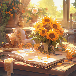 桌子上放着书籍与向日葵花图片