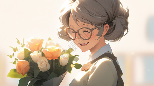 女老师形象戴眼镜灰色头发卡通女老师拿着花束开心笑插画