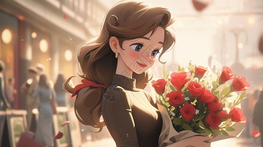 手捧红色花朵的年轻漂亮卡通女老师背景图片