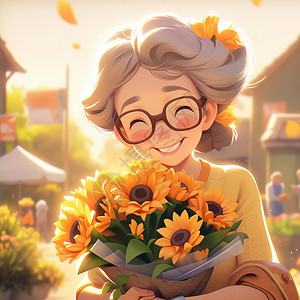 抱着花老师抱着向日葵花束开心笑的卡通中年女老师插画