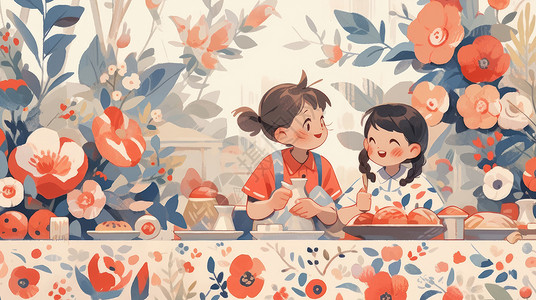 满是花朵的餐桌旁两个一起开心吃饭的卡通小女孩背景图片