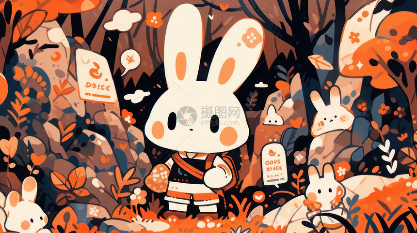 秋天在树林中的时尚可爱的卡通小白兔图片
