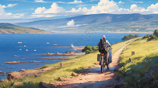 初秋的小路初秋湖边美丽的卡通风景一个小小的卡通人物在路上骑行插画