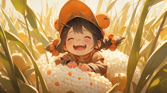 玉米观摩田秋天在田地里戴着橙色帽子开心笑的卡通女孩插画