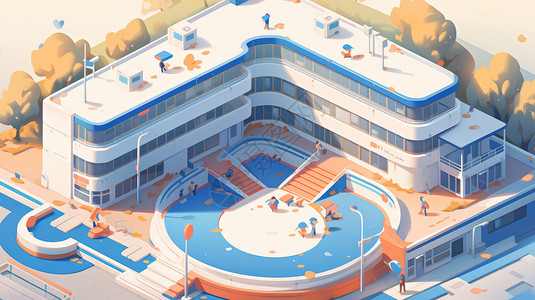 圆形广场的现代卡通医院建筑插画