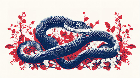 蓝纸十二生肖蓝红剪纸风格之蛇插画