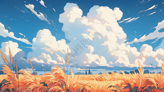 秋天蓝天白云与金黄色的草地唯美卡通风景背景图片